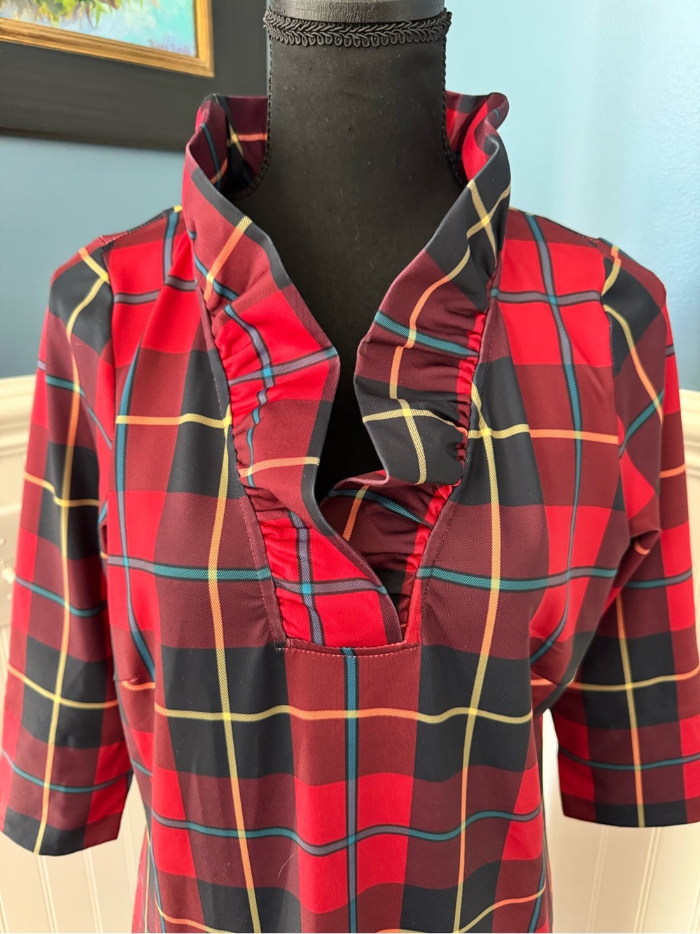 GRETCHEN SCOTT RUFF NECK DRESS - PLAIDLY COOPER - RED PLAID -Size Large ❤️ - Picture 5 of 8
